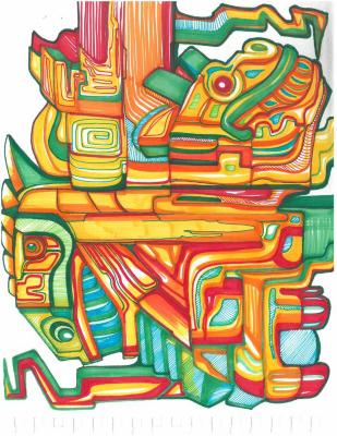 Untitled (Aztec imagery in orange and green)