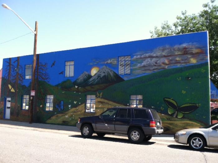 Mountain scenery on building 