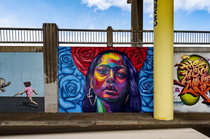 Untitled (girl's face surrounded by red and blue flowers)