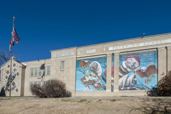 Untitled (whimsical figures, flying books, banners reading "north," "west," "south") 