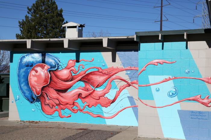 Untitled (giant jellyfish on bathhouse of Ruby Hill Park Pool) 