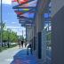 Untitled (blue and red glass awning)