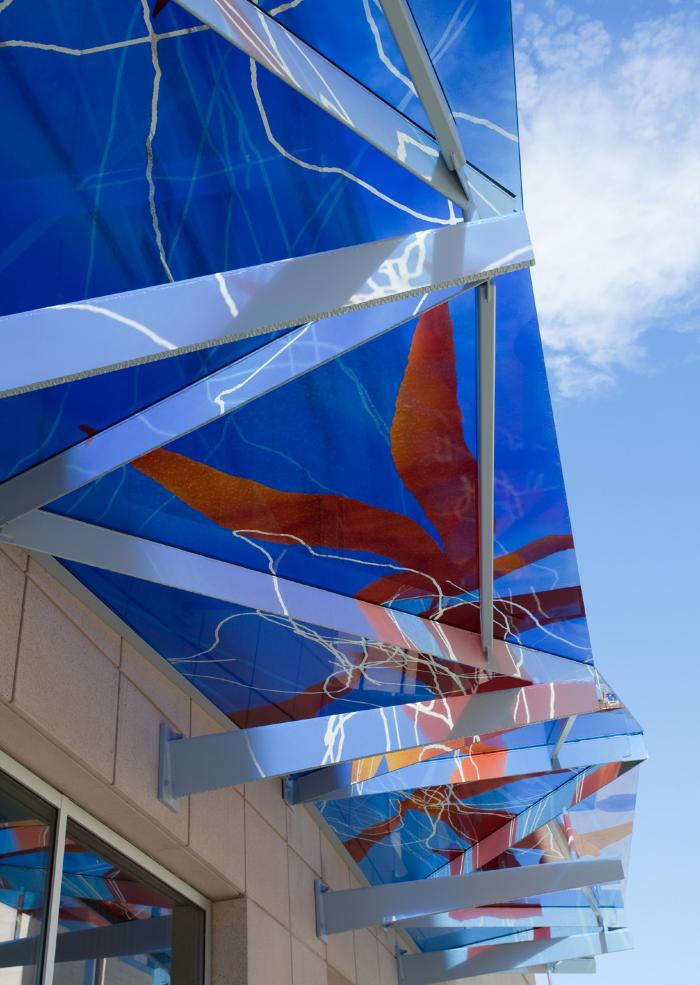 Untitled (blue and red glass awning)